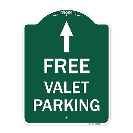 Free Valet Parking With Ahead Arrow, Green & White Aluminum Architectural Sign
